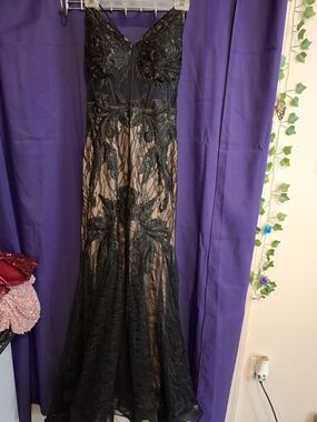 Macy's Black Lace Maxi Gown with Nude Underlay